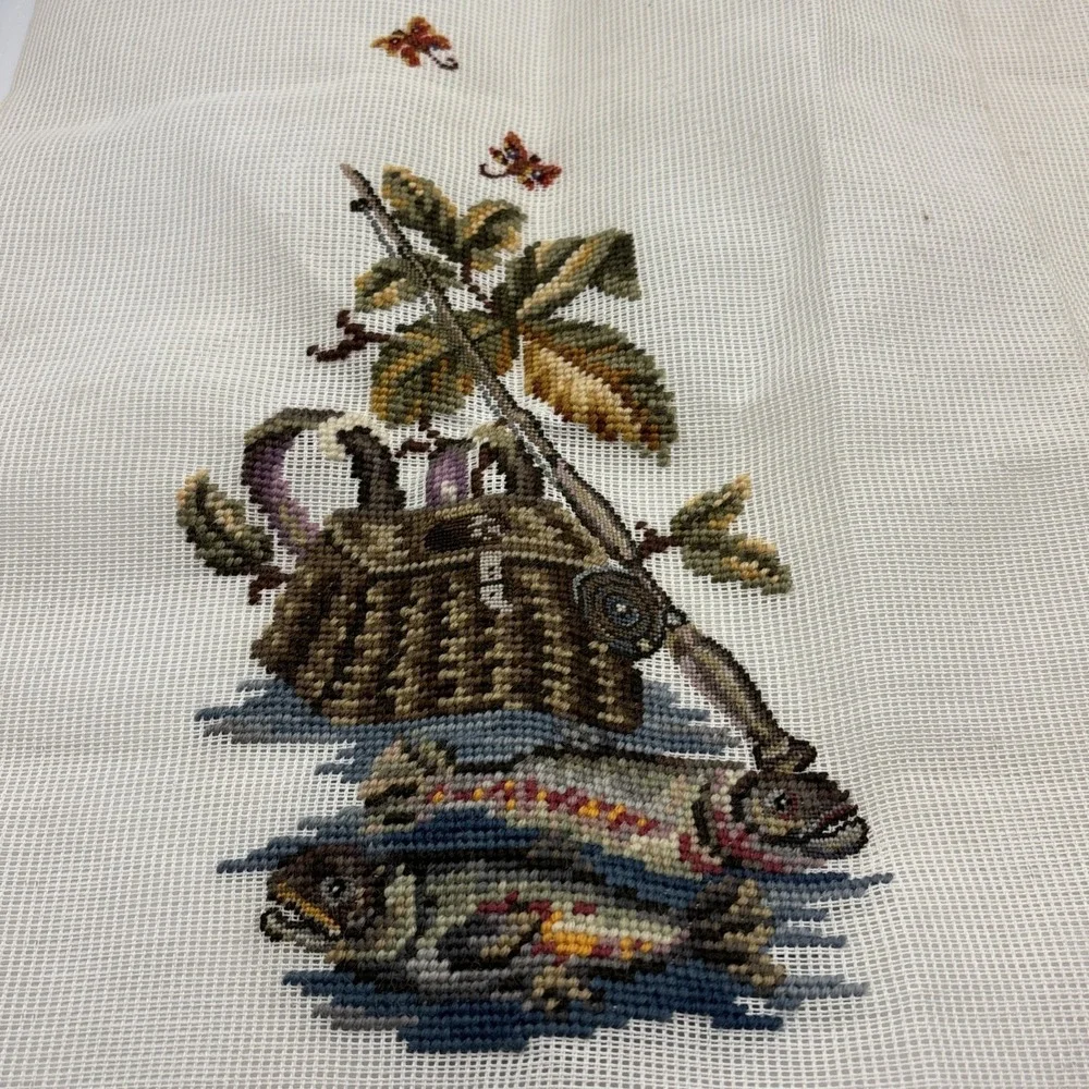 Vintage needlepoint embroidery fishing tackle hunting quail unfinished
